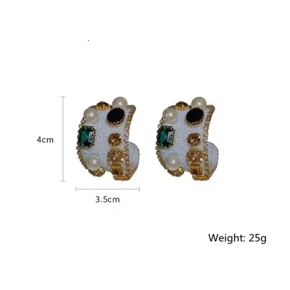 Glamorous Black & Gold Wide Cuff earrings with Emerald Crystals and Pearls - Picture 6 of 12